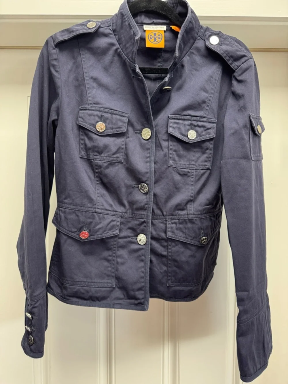 Tory Burch Dark Navy Utility Jacket with Silver Logo Buttons